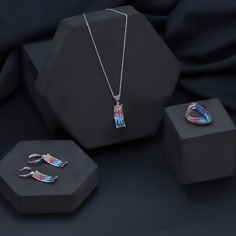 Silver square multi diamond necklace with earrings set