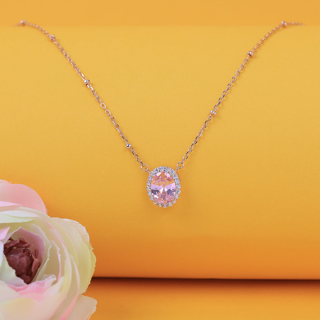 Rose Gold Plated Pink Sapphire Round Pendant With Chain