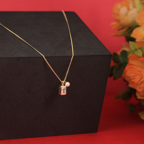 Gold Plated Emerald Cut Square With Hanging Pearl Pendant With Chain