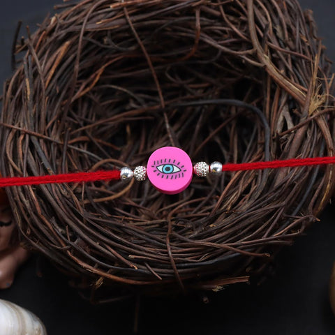 Pink Round Shape Evil Eye With Silver Beads Children Rakhi