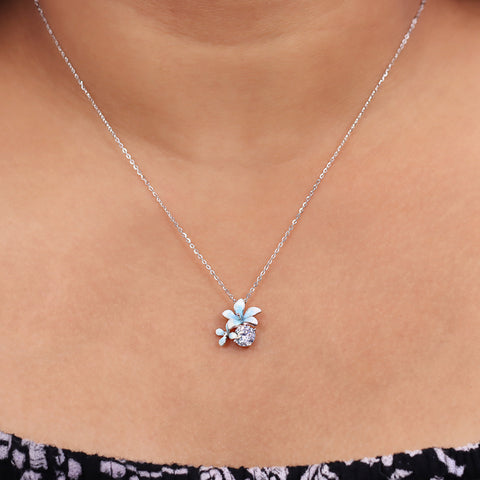 Silver Soft Cyan Dual Flowers Pendant With Chain