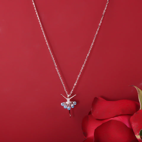 Silver blue diamond dancing doll pendant with chain