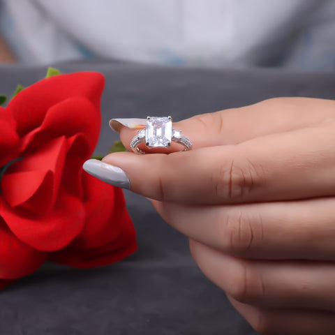 Silver Emerald Cut Luxury Full Diamond Engagement Ring