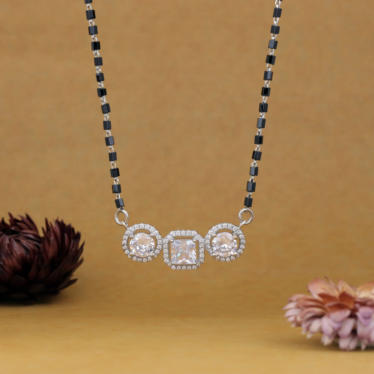Solitaire Silver Mangalsutra with Black Beads