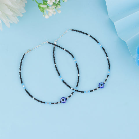 925 Sterling Silver Evil Eye Black Beads Anklet For Girl
