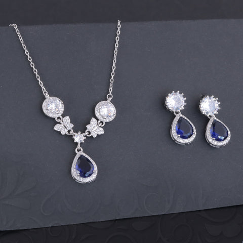 925 Sterling Silver Sapphire Teardrop CZ Necklace & Earrings Set