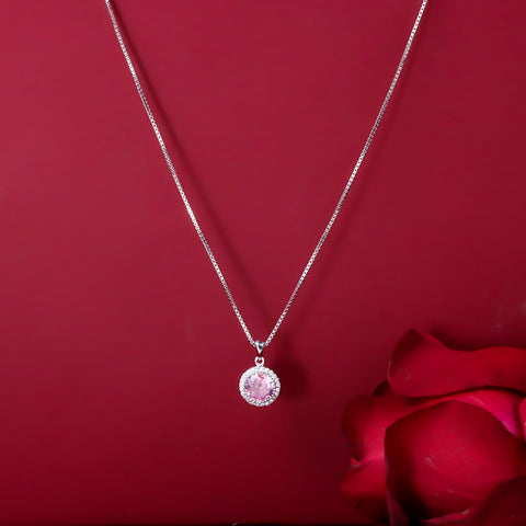 Silver pink sapphire round shape diamond pendant with chain