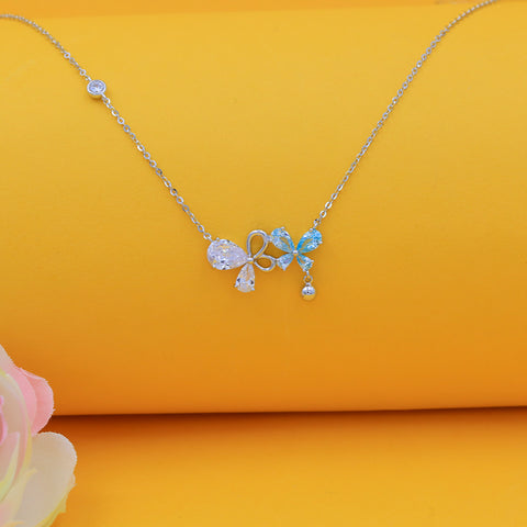 Silver Cubic Zirconia With Blue Dual Butterfly Pendant With Chain