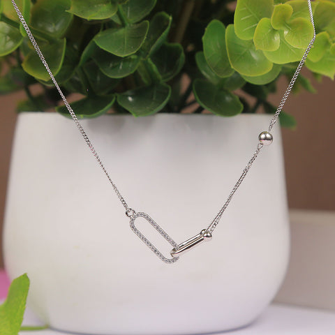 Silver Double Paperclip V Shape Diamond Pendant With Chain