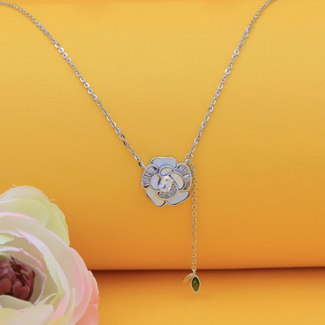 Silver Rose Flower Mother of Pearl Pendant With Chain