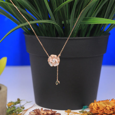 Rose Gold Rose Flower Mother of Pearl Pendant With Chain