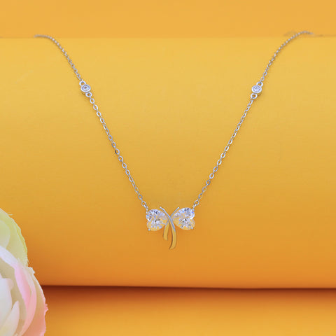 Silver Crystal Bow Cz Pendant With Chain