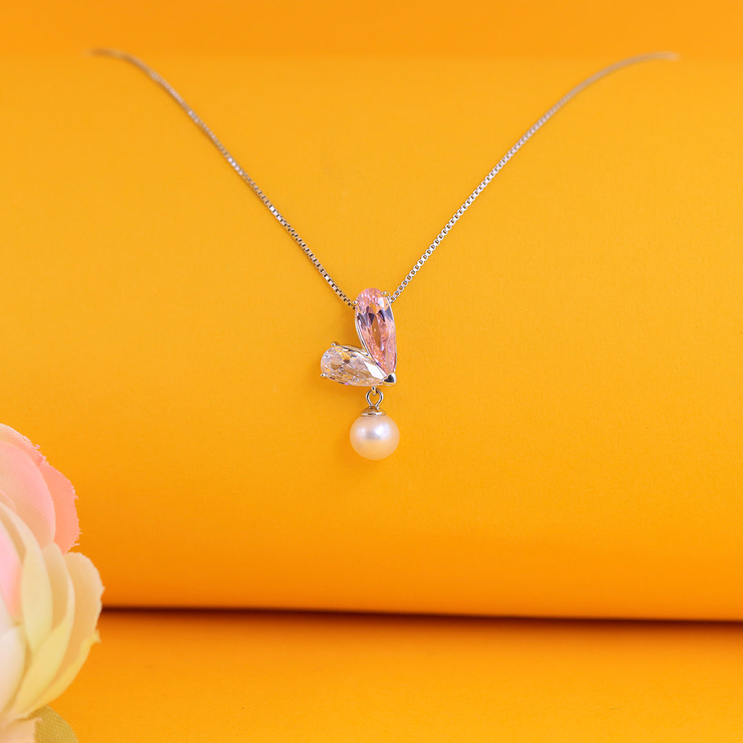 Silver Pink and White Pear Shape Heart Sapphire and Hanging Pearl Pendant With Chain