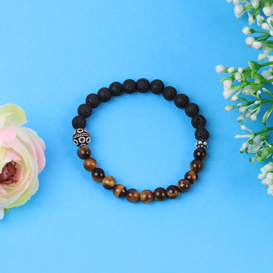 Lava Stones and Tiger Eye Stretch Bracelet in Sterling Silver Bali Beads