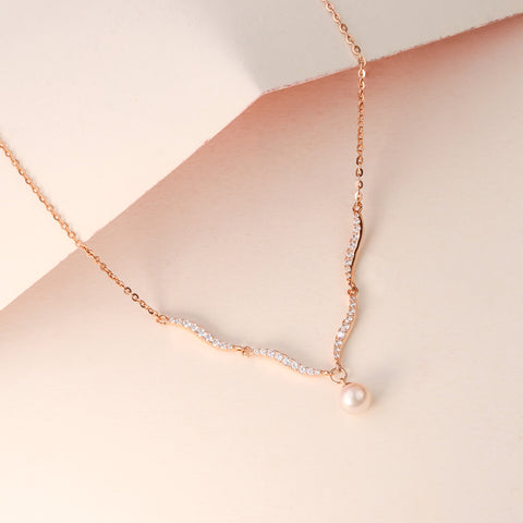 925 Sterling Silver Rose Gold Pearl Wave Pendant Chain
