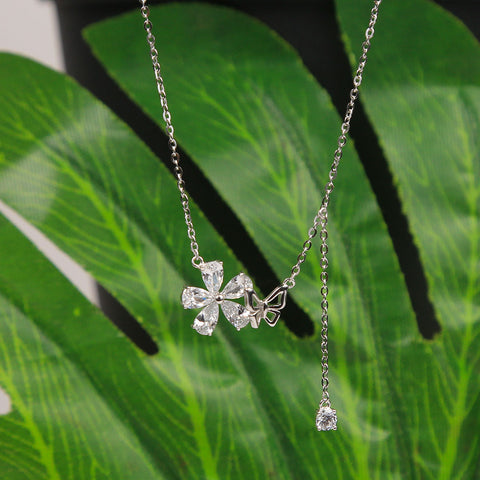 Silver Cz Flower With Butterfly Pendant With Chain