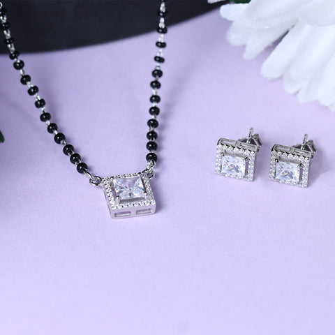 Silver Emerald cut Square Diamond Mangalsutra & Earrings Set