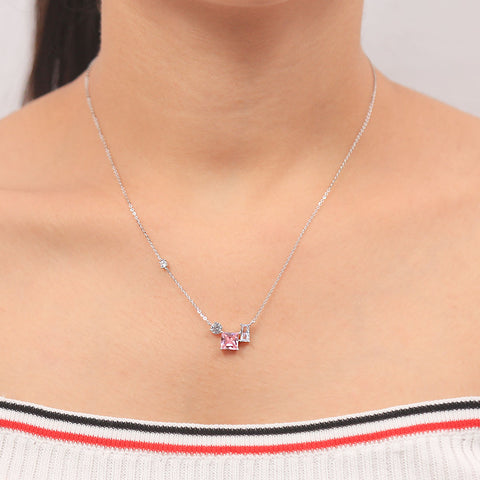 Silver Square Pink and White Sapphire Pendant With Chain