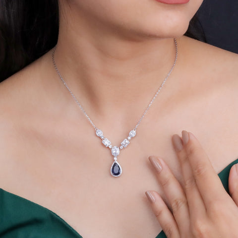 925 Sterling Silver Blue Sapphire Necklace & Earrings Set