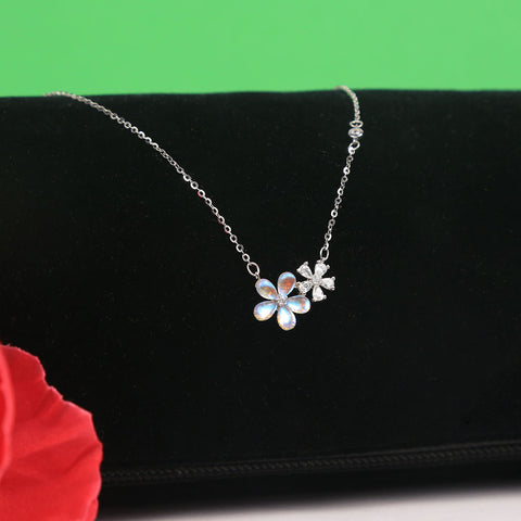 Silver Blue Moonstone Flower With Cz Flower Pendant With Chain