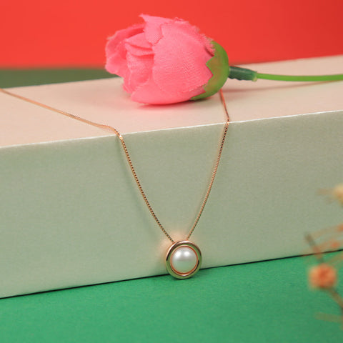 Rose Gold Round Stud Pearl Pendant With Chain