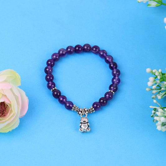 Purple Gems Stone Stretch Bracelet in Sterling Silver Teddy Bear