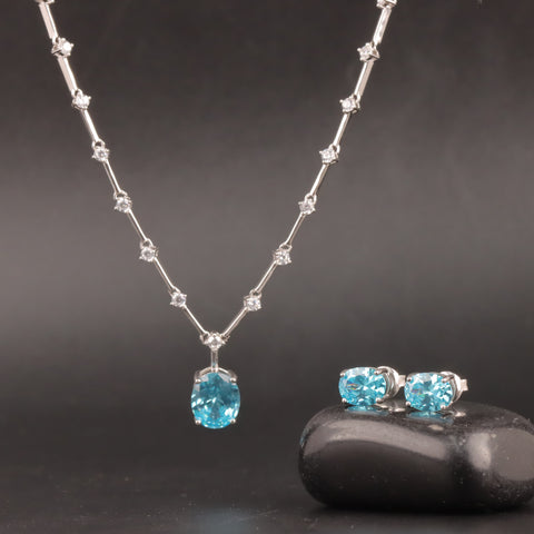 Silver CZ Round Brilliant Station Blue Oval Shape Sapphire Necklace