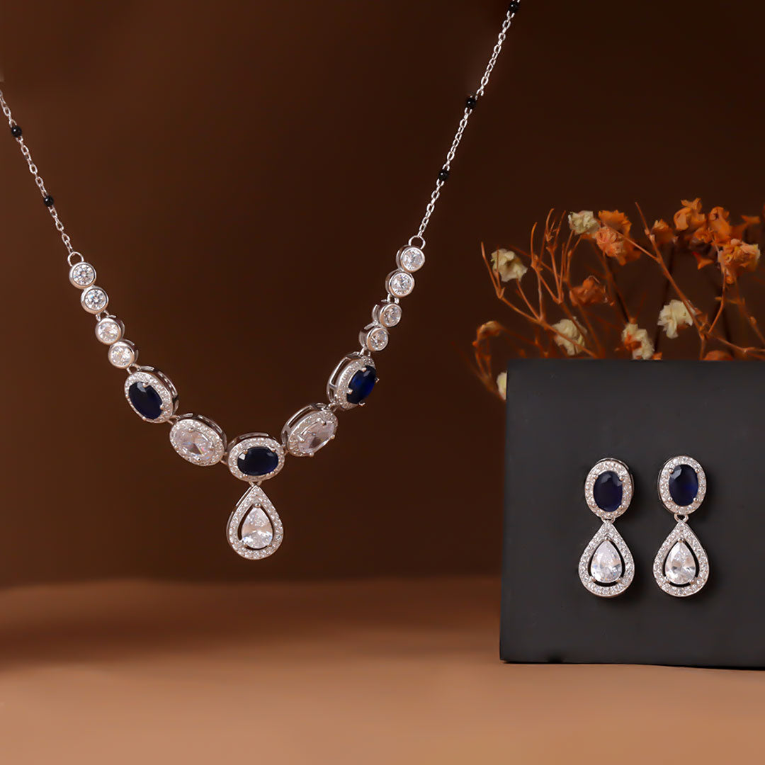 Silver blue sapphire with cz diamond necklace