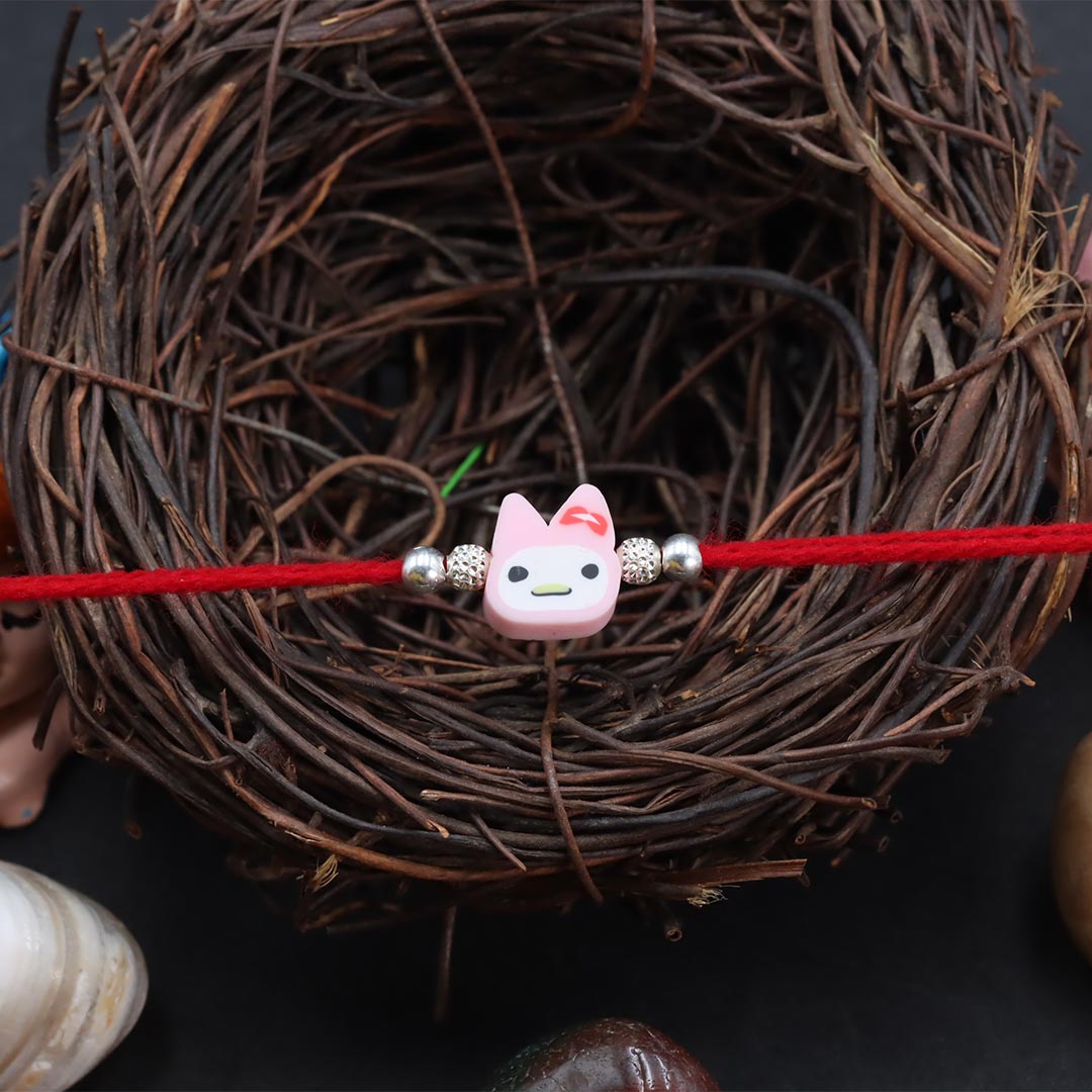 Lucky Cat With Silver Beads Kids Rakhi