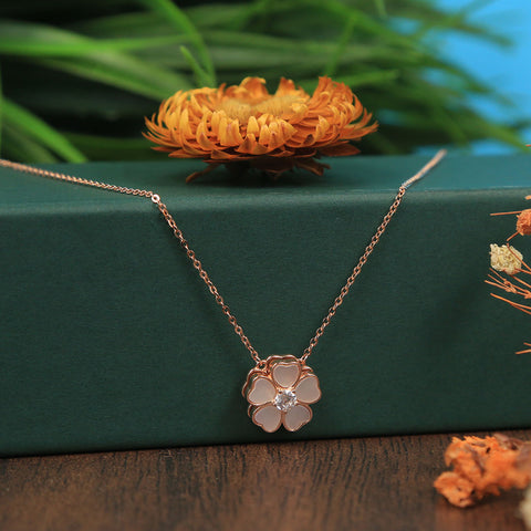 Rose Gold Rotating Flower Stud Mother Of Pearl Pendant With Chain