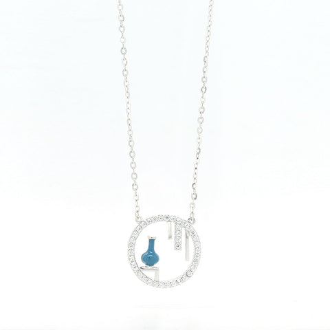 Silver Round With Blue Vase Pendant With Chain