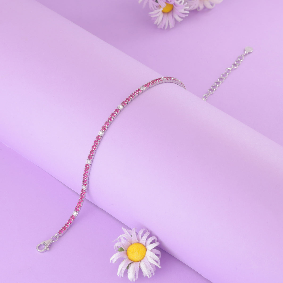 925 Sterling Silver Pink Ruby Sparkle Tennis Bracelet For Girl