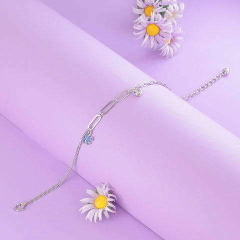 925 Sterling Silver Dual Chain Flower Charm Bracelet for Women
