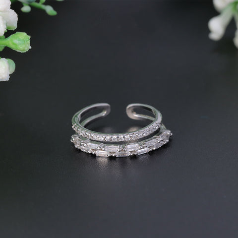 925 Sterling Silver Double Layer Baguette CZ Adjustable Ring for Women