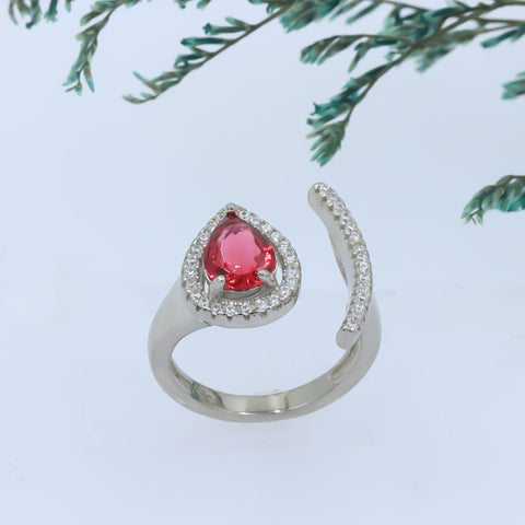 Silver pear shape rad ruby adjustable diamond ring
