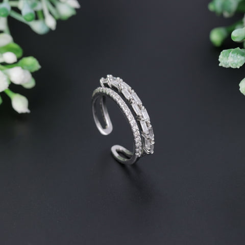 925 Sterling Silver Double Layer Baguette CZ Adjustable Ring for Women