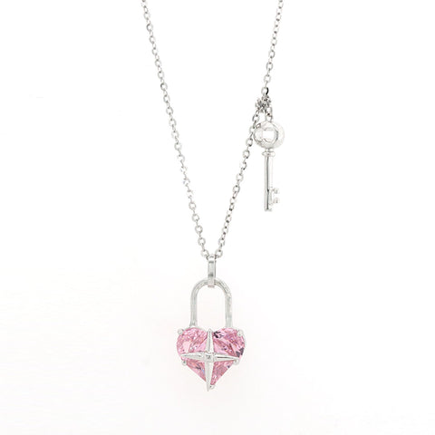 Silver Pink Sapphire Heart Shape Lock With Key Pendant With Chain