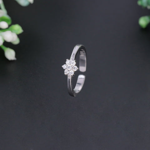 925 Sterling Silver Floral Cluster CZ Adjustable Ring for Women