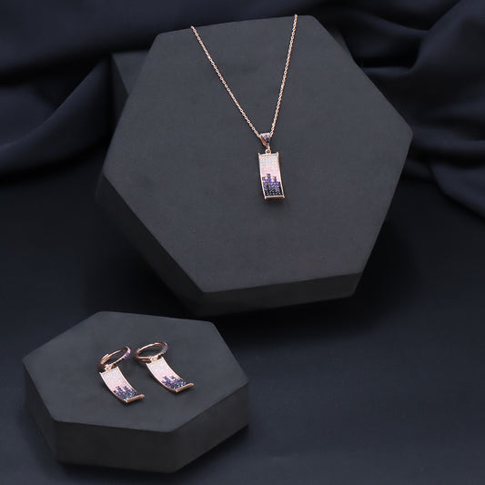 Rose gold square shape multi diamonds necklace with earrings set