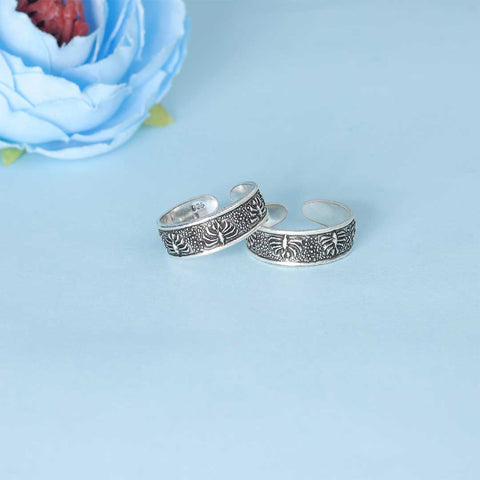 925 Sterling Silver Antique Floral Pattern Adjustable Toe Rings for Women