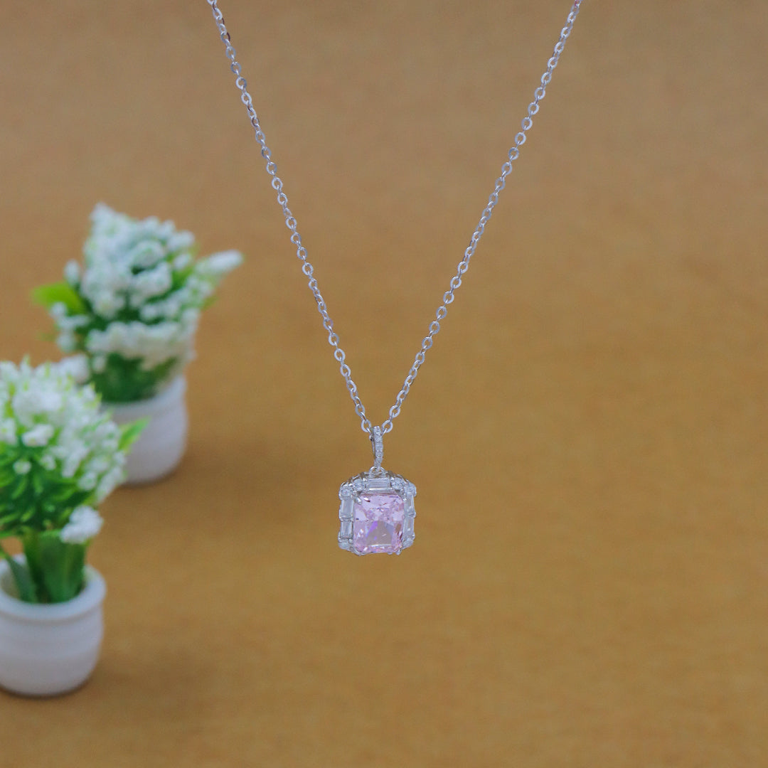 Silver Pink Solitaire Pendant With Chain