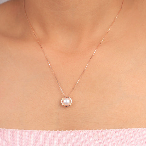 Rose Gold Round Stud Pearl Pendant With Chain