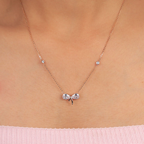 Rose Gold Crystal Bow Cz Pendant With Chain