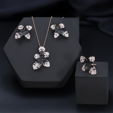 Rose gold big flower multi color diamond necklace with earring