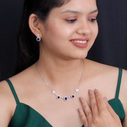 925 Sterling Silver Blue Sapphire CZ Necklace & Earrings Set