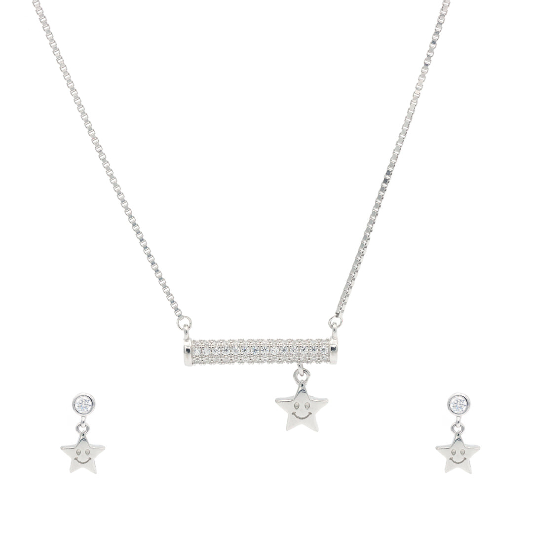 Silver CZ Diamond Dangle Star Bar Necklace