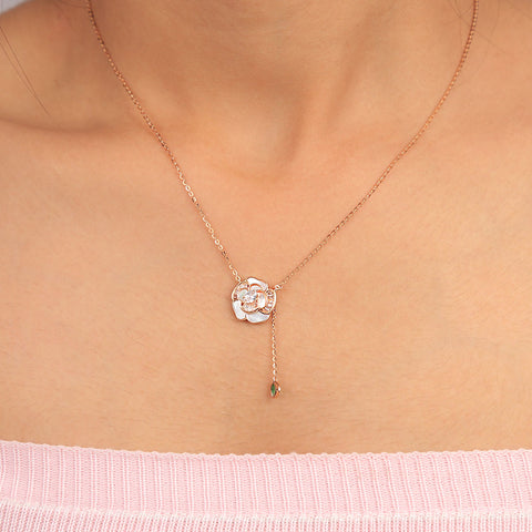 Rose Gold Rose Flower Mother of Pearl Pendant With Chain