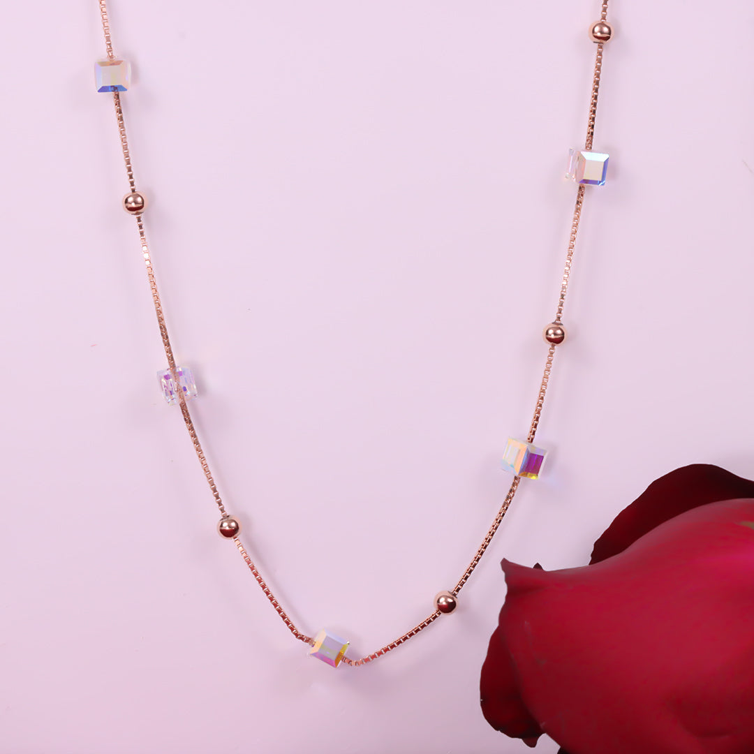 Rose gold beads and color change crystal cube necklace