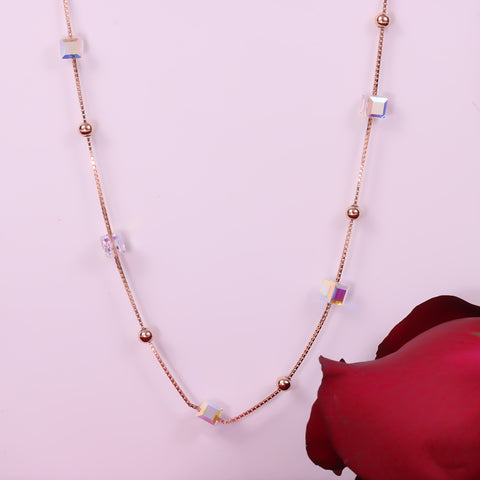 Rose Gold Beads and Color Change Crystal Cube Necklace