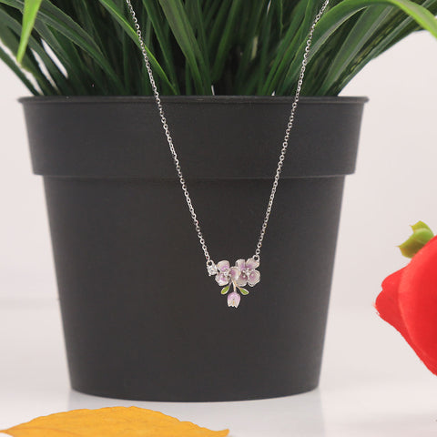 Silver Clover Shape Dual Light Purple Flower Pendant With Chain